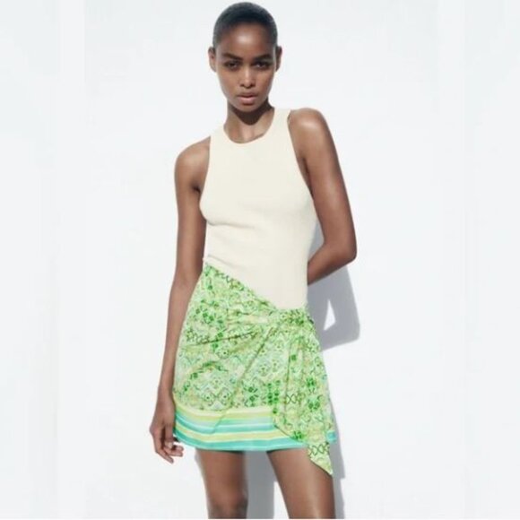 Zara NEW Size S Green Boho Tribal Print Mini Skirt Faux Wrap Front Knot Cotton - Picture 1 of 8